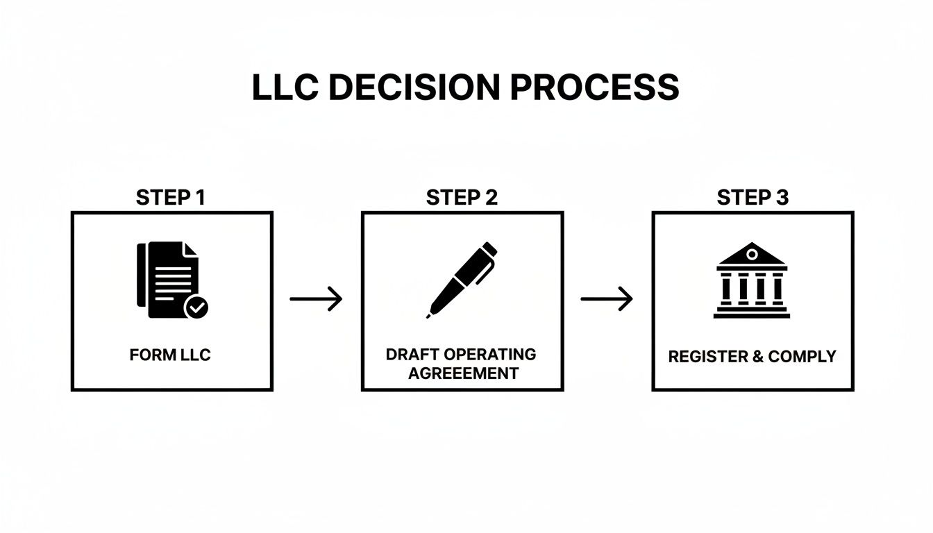 Flowchart illustrating the three-step LLC decision process: Form LLC, Draft Operating Agreement, and Register & Comply.