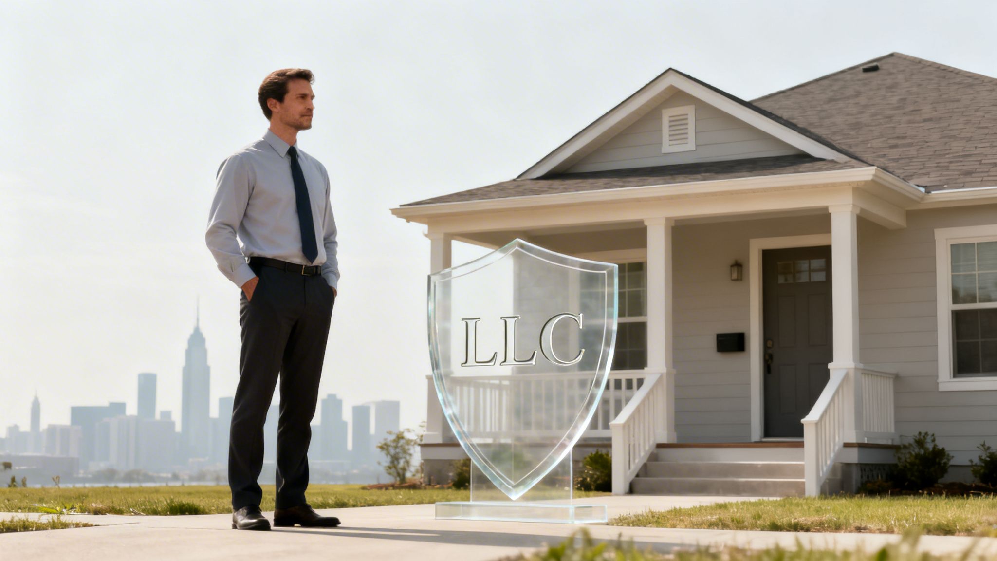 A man stands beside a house with an 'LLC' shield, representing property protection against a city.
