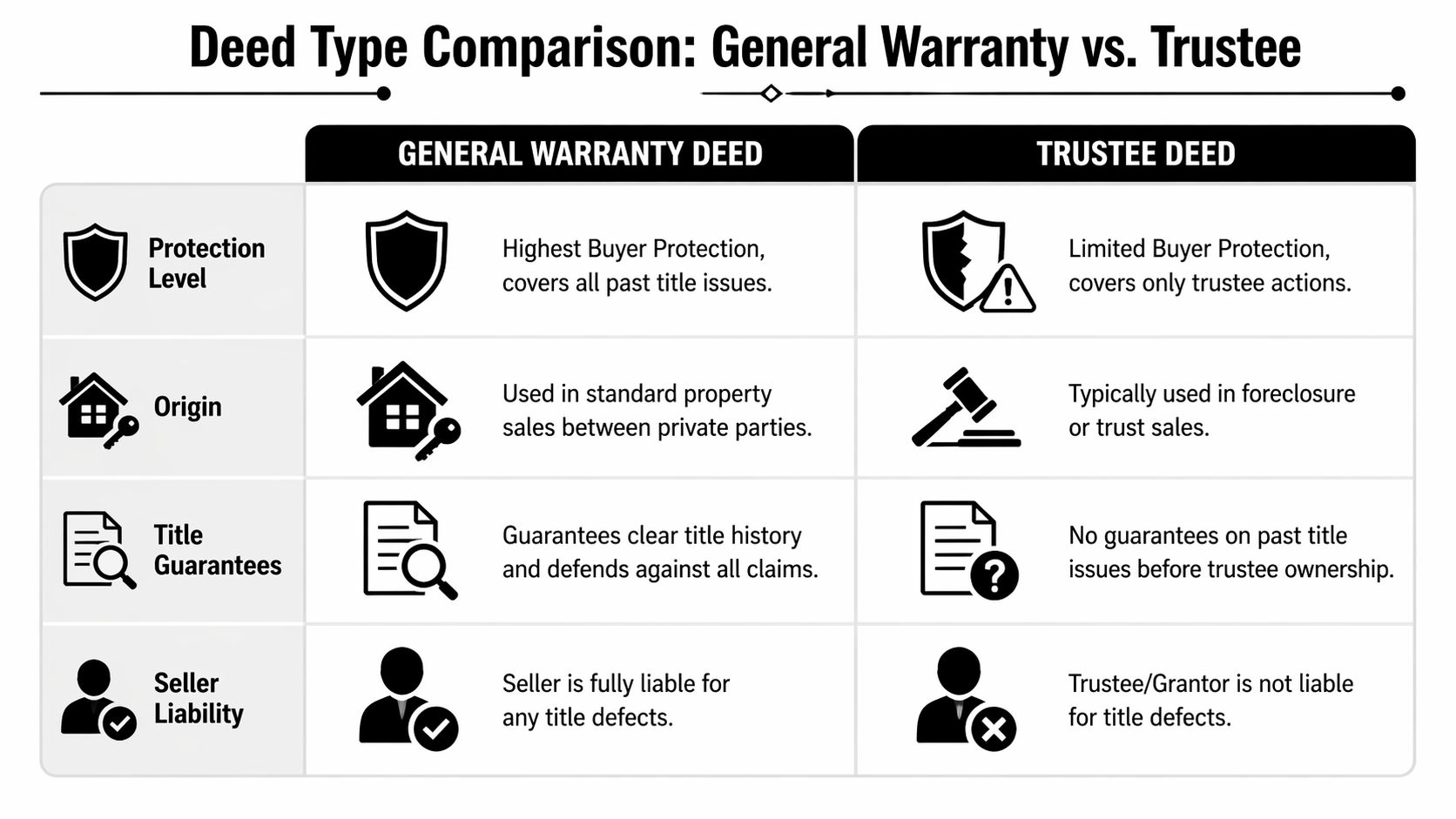 A comparison chart outlining the key differences between a General Warranty Deed and a Trustee Deed.