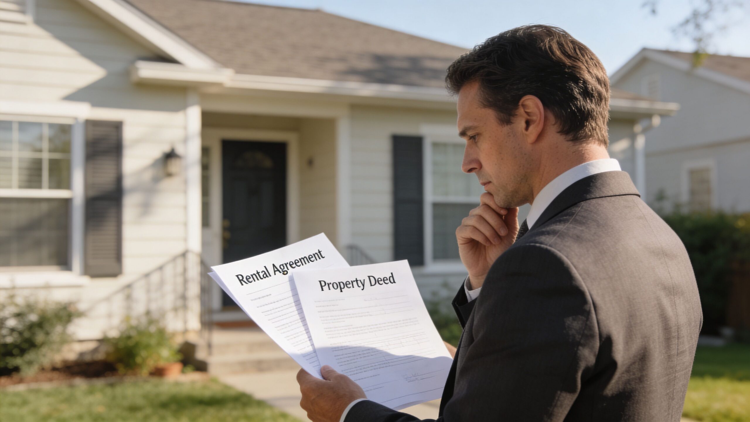A professional man in a suit thoughtfully comparing a rental agreement and a property deed document outdoors.