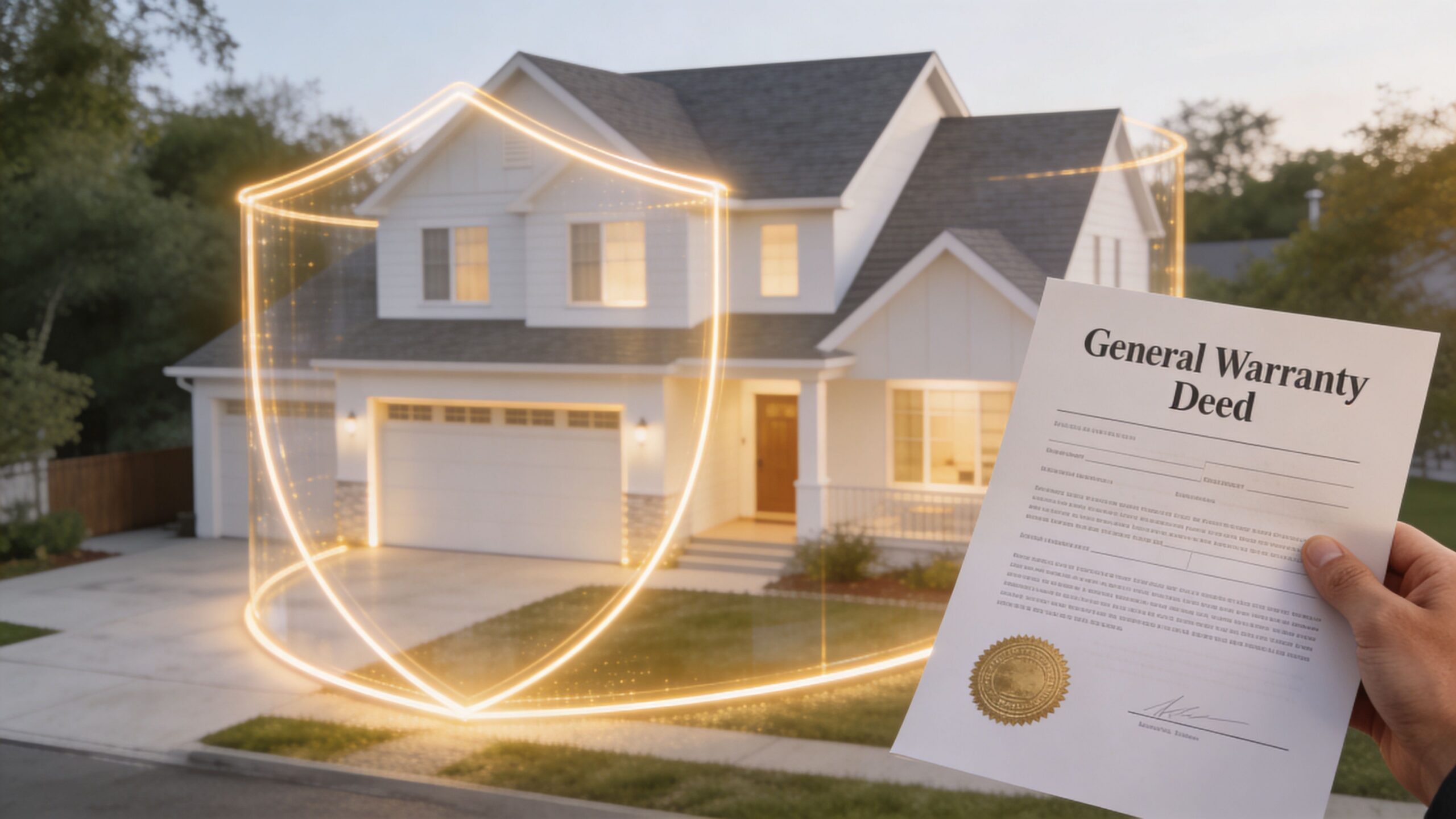A person holding a General Warranty Deed document in front of a house protected by a digital shield.
