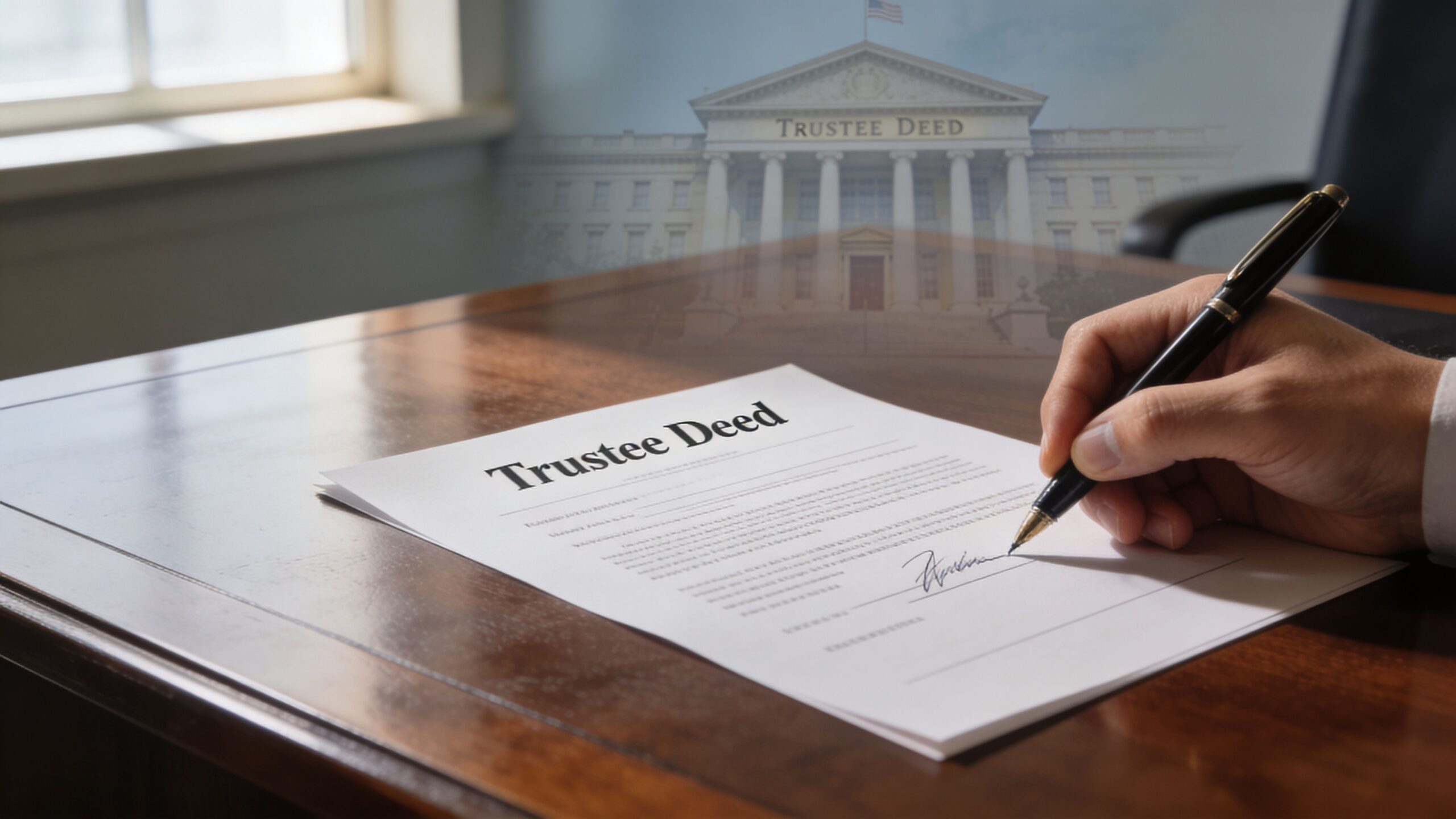 A hand signing a Trustee Deed legal document on a wooden desk in a professional office setting.
