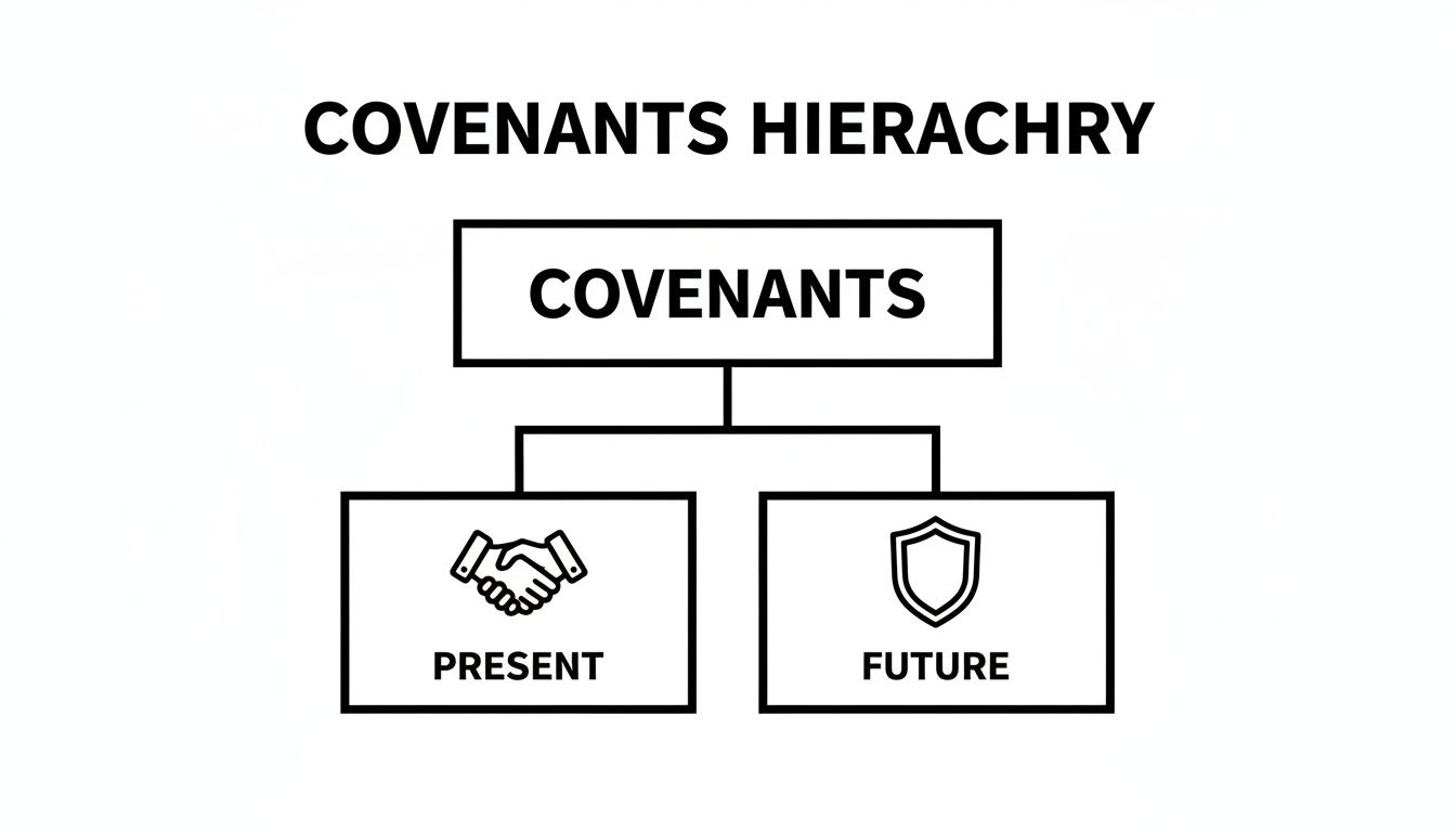 A diagram illustrating the hierarchy of covenants, showing present covenants with a handshake and future covenants with a shield.