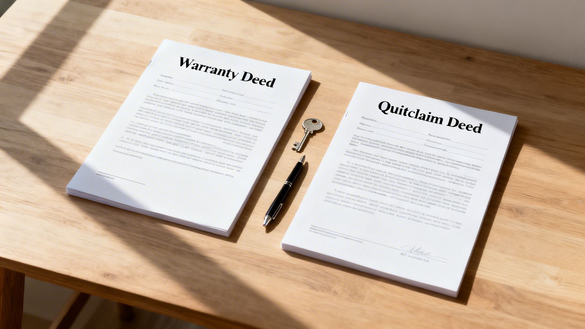 Two legal deeds, a Warranty Deed and a Quitclaim Deed, with a key and pen on a wooden table.