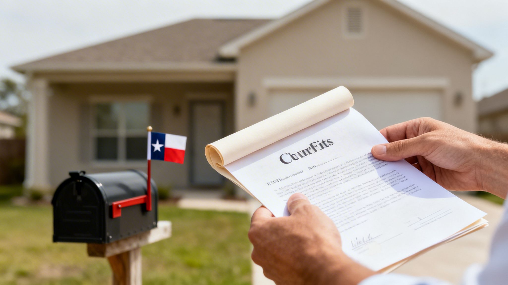 A person holds a document with "CourFits" text in front of a house, next to a mailbox with a small Texas flag.