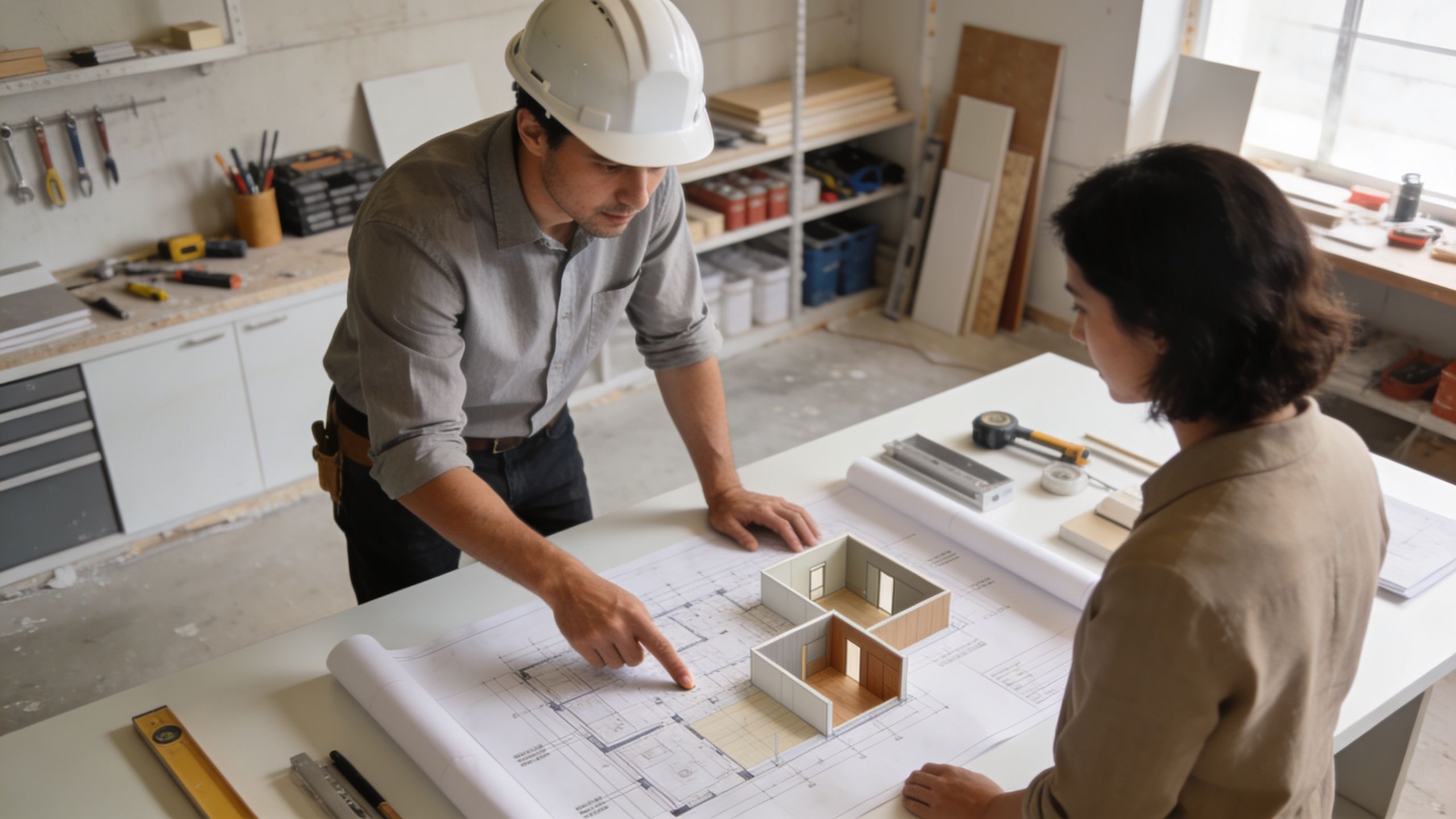 A male engineer and a female designer review architectural blueprints and a house model on a table.