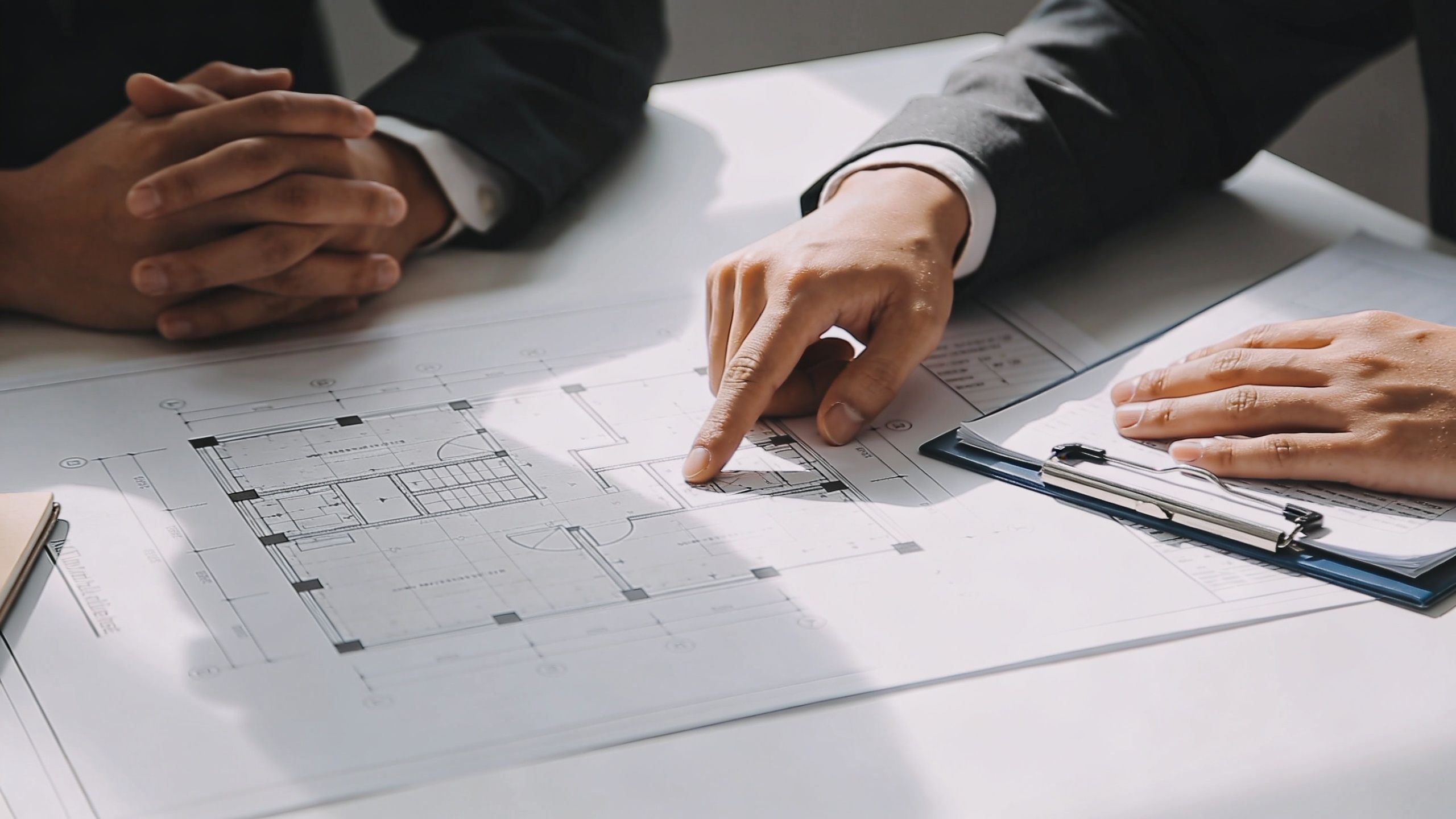Professionals in suits reviewing architectural blueprints of a building layout during a business meeting.