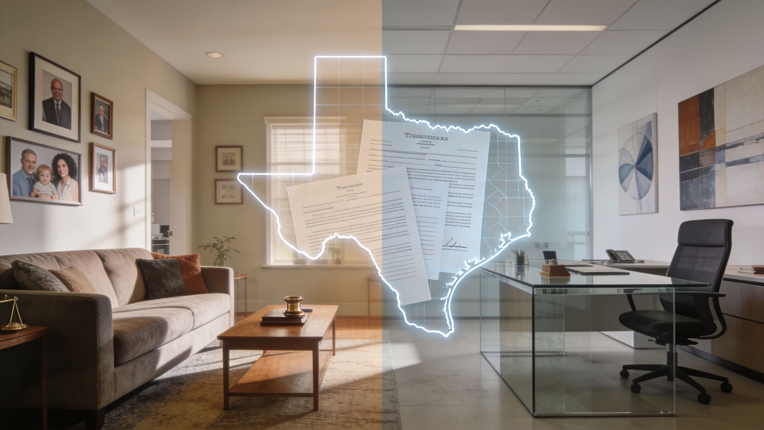 A split-view image showing a cozy residential living room and a professional office interior with a Texas map overlay.