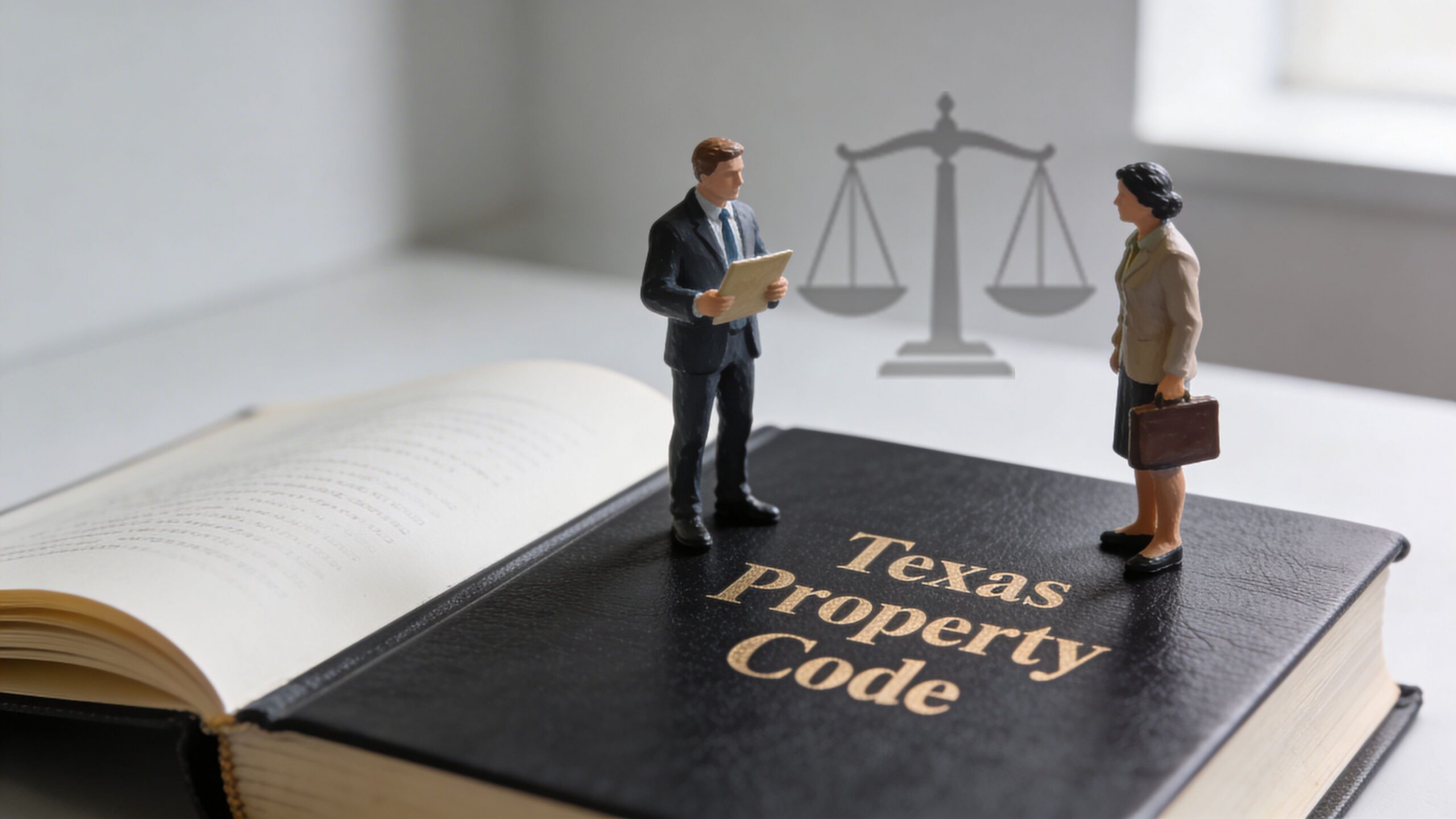 Miniature figures of a man and woman standing on a Texas Property Code law book