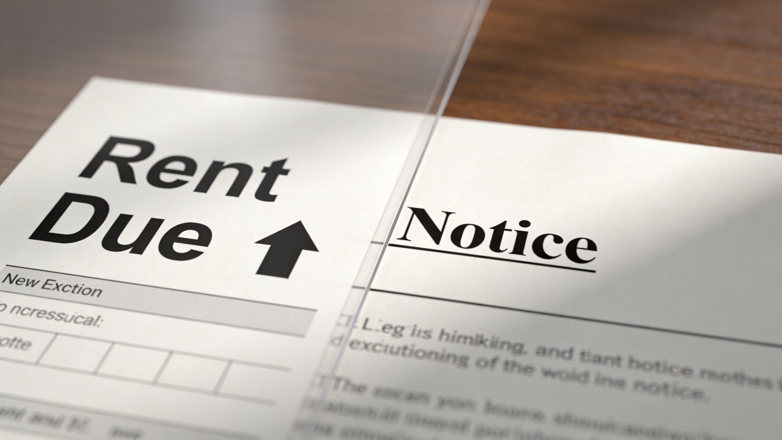 A document titled Rent Due Notice lying on a wooden table, suggesting legal rental property documentation.