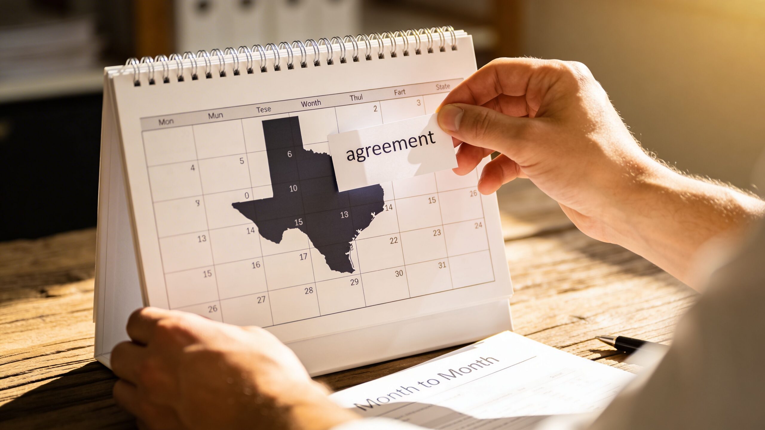 A person holding a calendar with a Texas map shape and an agreement note.