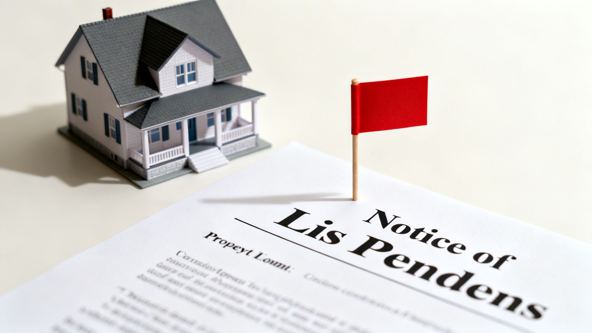 A red flag marks a 'Notice of Lis Pendens' document next to a miniature house model.