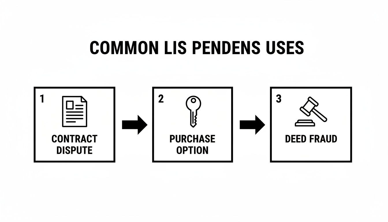 Diagram illustrating common uses for a lis pendens: contract dispute, purchase option, and deed fraud.