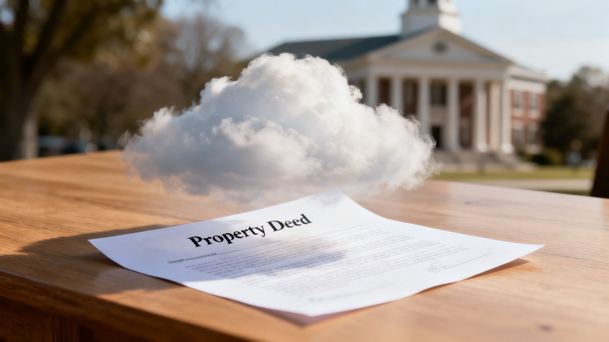 A 'Property Deed' document lies on a wooden table with a white cloud floating above it, against a blurred courthouse background.