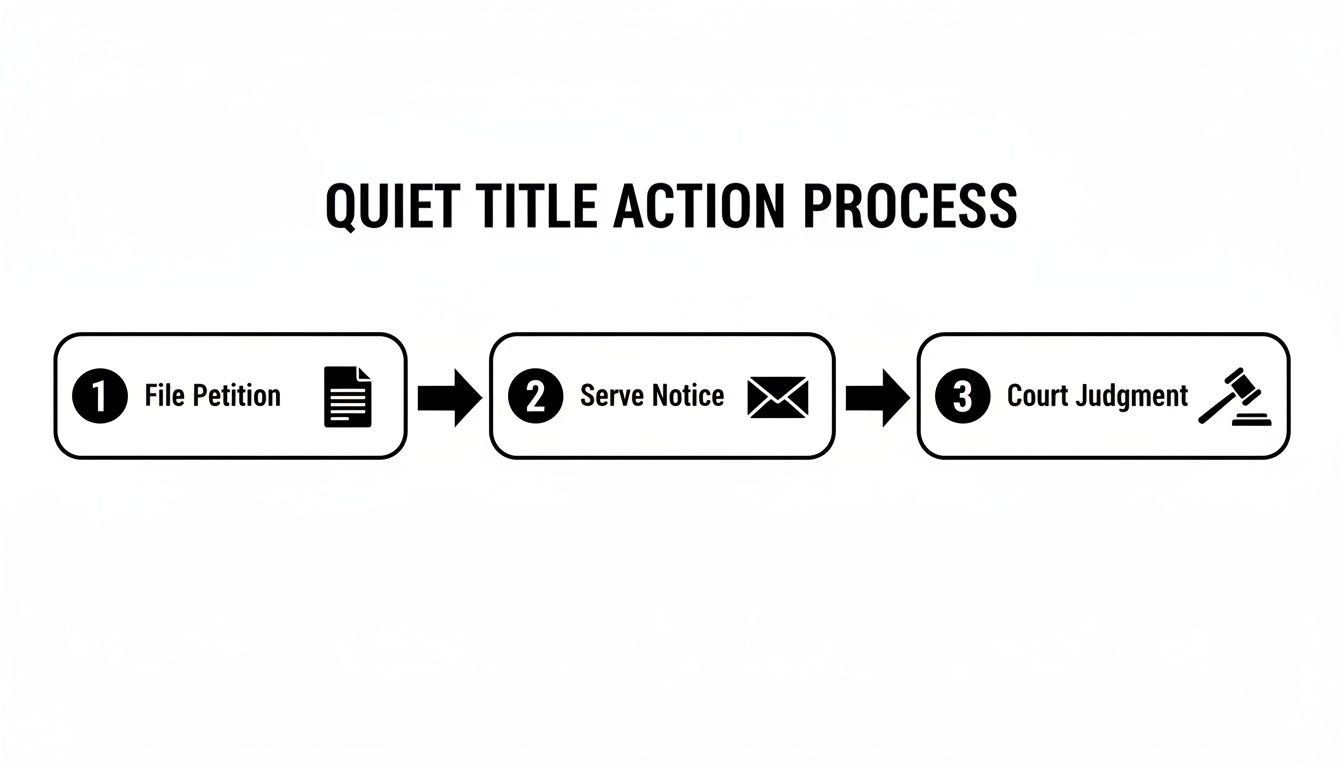 A clear visual representation of the three-step quiet title action process, from filing to judgment.