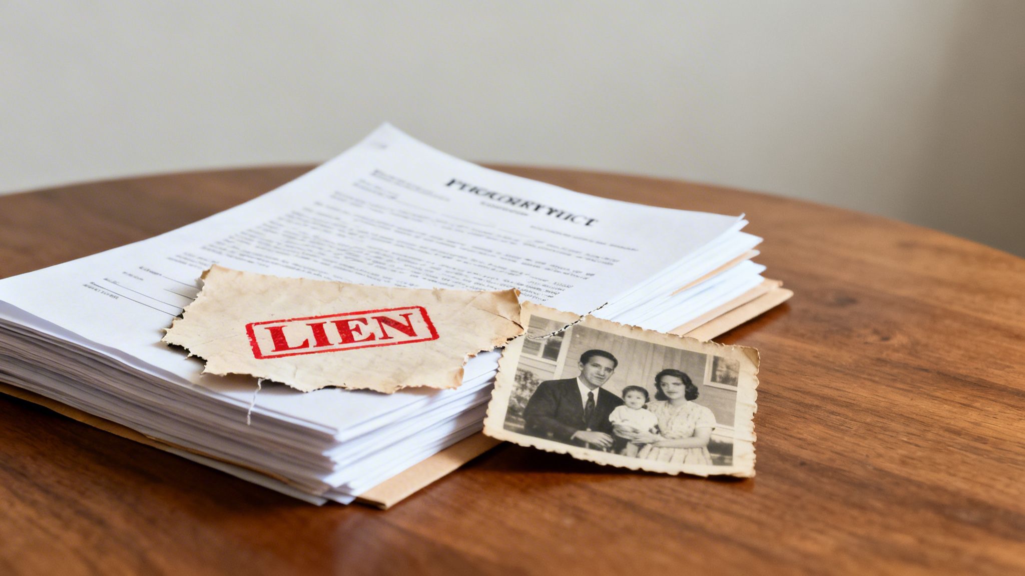 Stack of legal documents and an old family photo, with a 'LIEN' stamp on a torn paper.