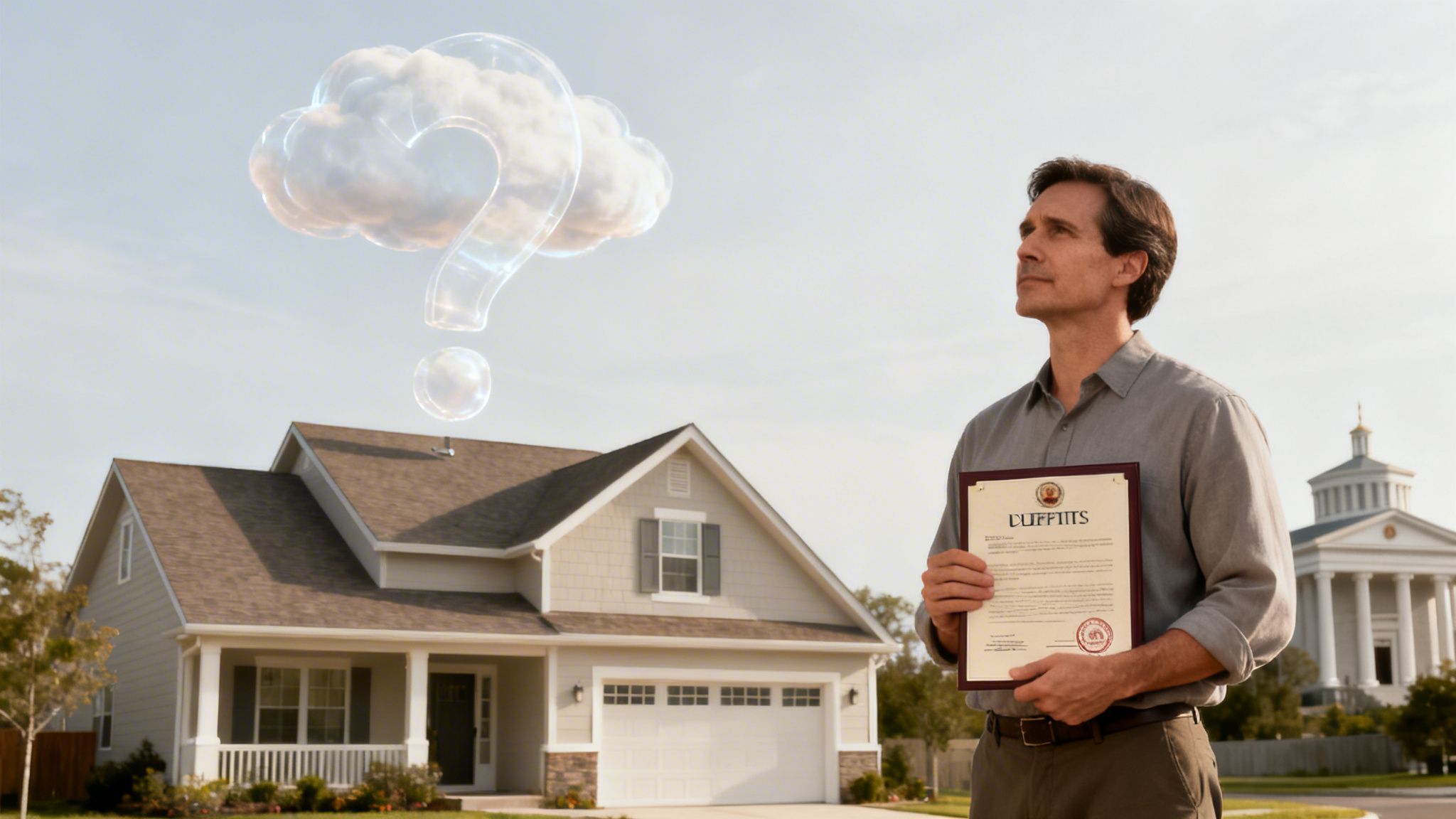 Man holding a framed legal document, contemplating a house under a question mark cloud.
