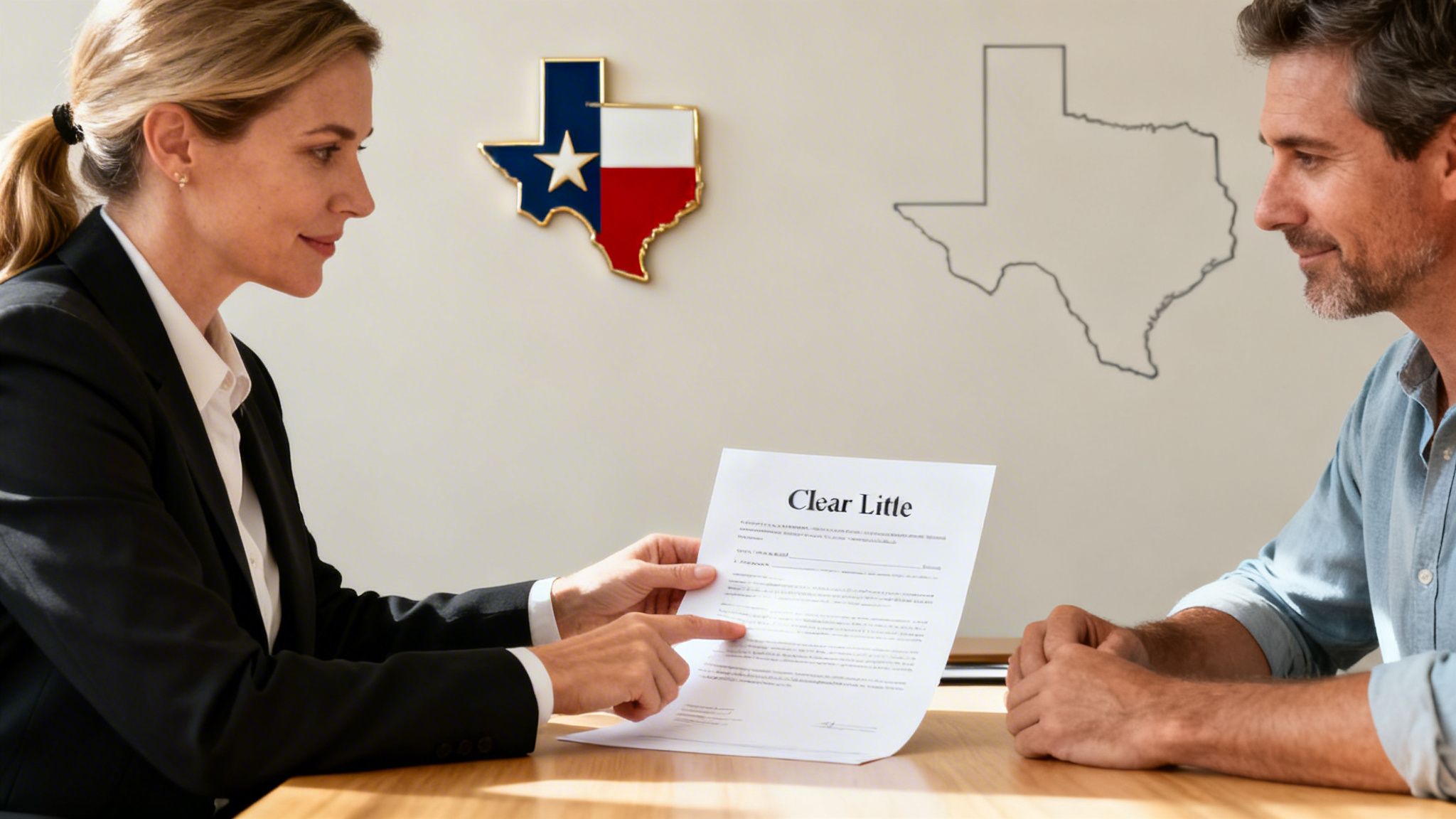 A woman explains a document to a man, with Texas maps on the wall in the background.