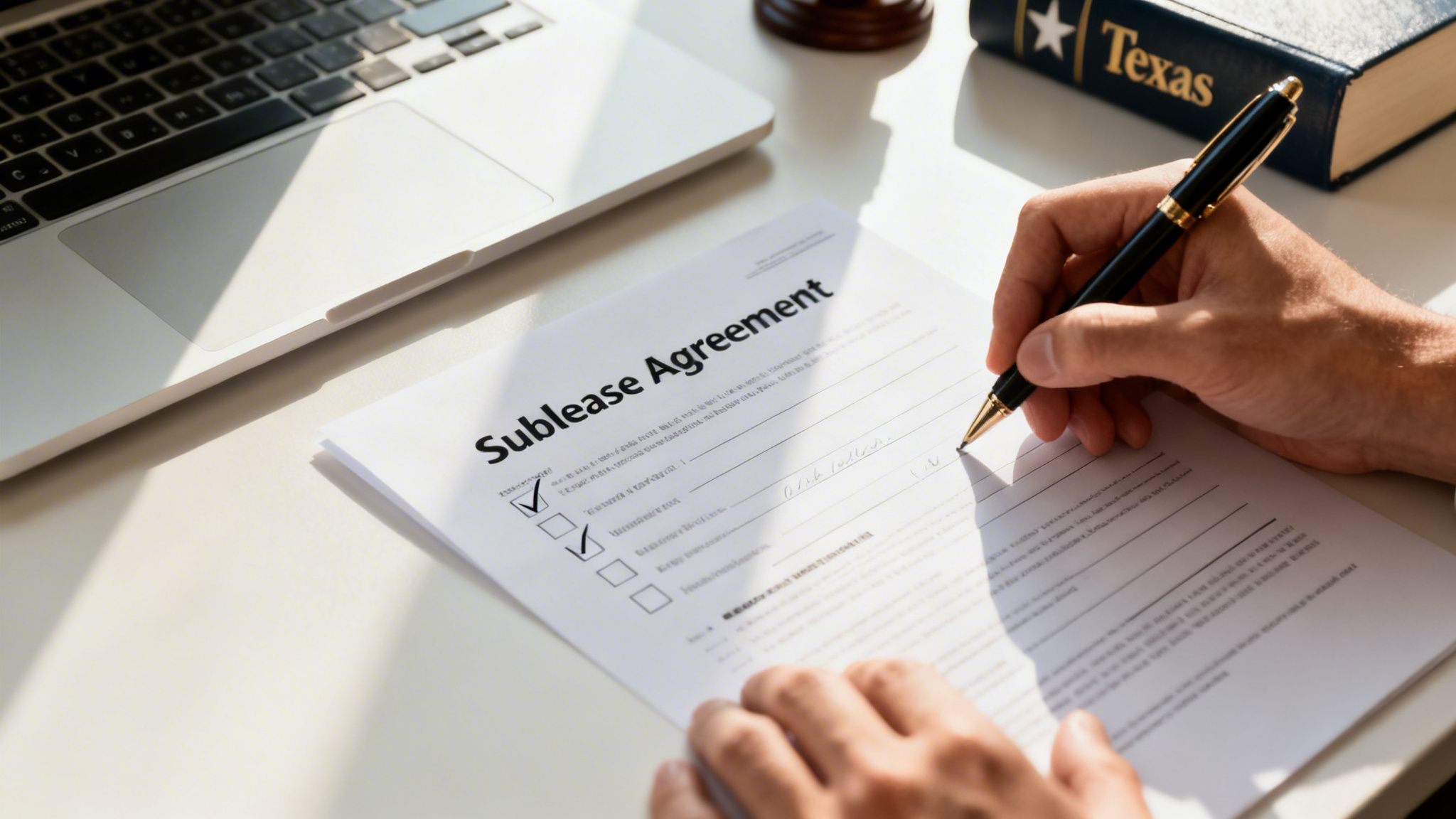 A person's hands sign a sublease agreement on a desk with a laptop and a law book.
