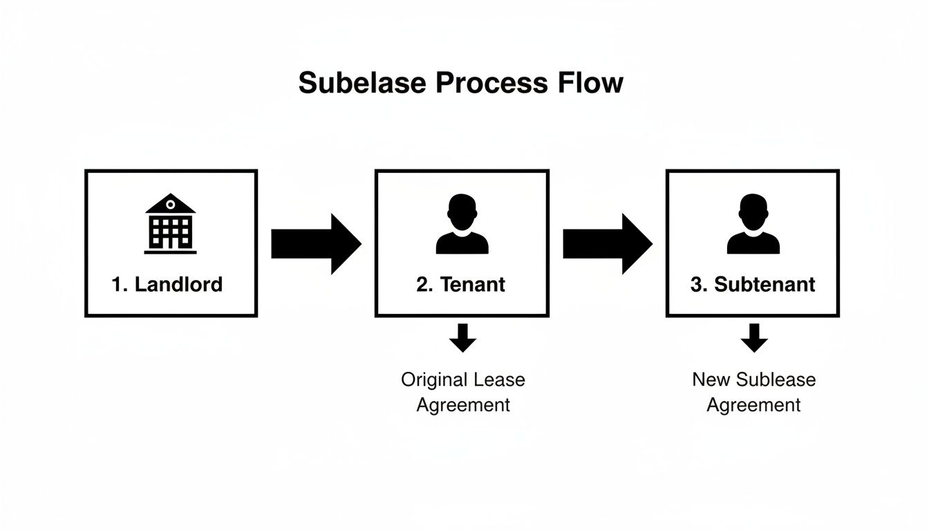Sublease process flow diagram showing landlord, tenant, and subtenant relationships with lease agreements.
