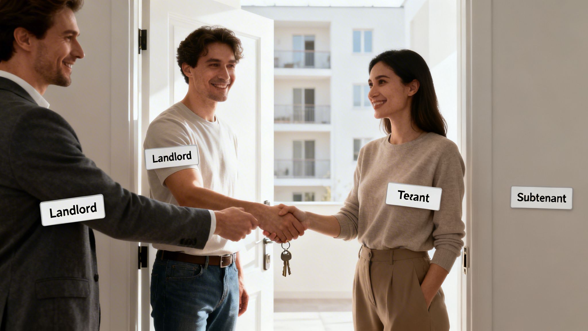 Two landlords shake hands with a smiling tenant, exchanging keys at a property entrance.