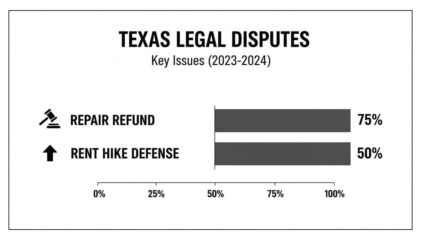 Bar chart showing Texas legal dispute key issues for 2023-2024: repair refund 75%, rent hike defense 50%.