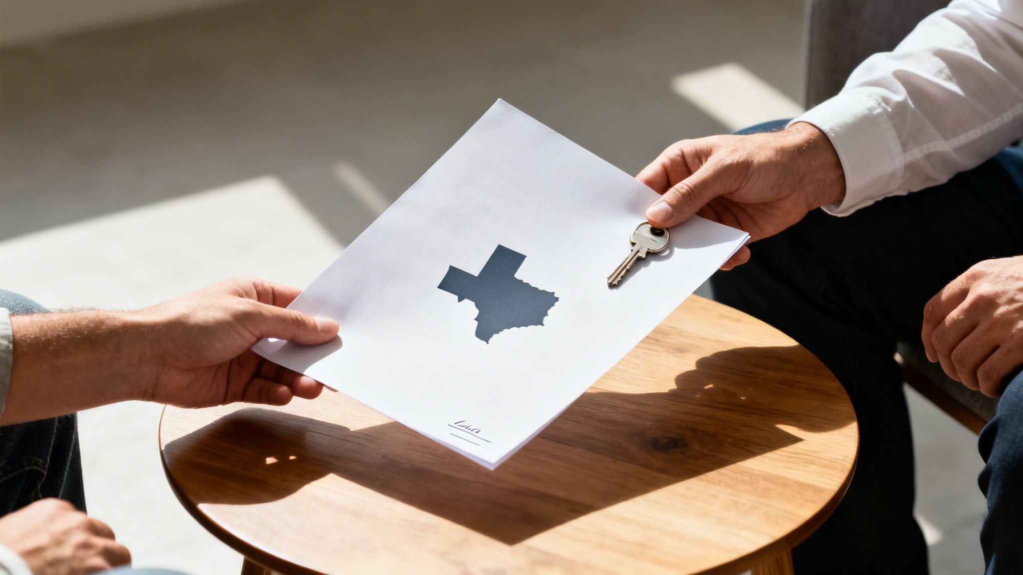 Hands exchanging a key and a document featuring a map of Texas, signifying property transfer.