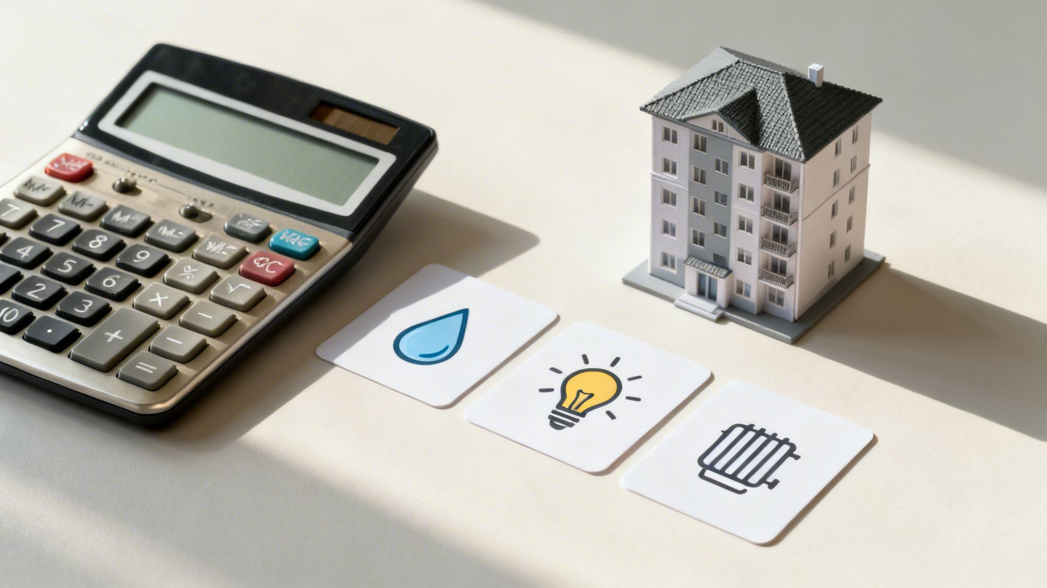 A calculator, a miniature apartment building model, and cards with water, light, and heating icons on a table.