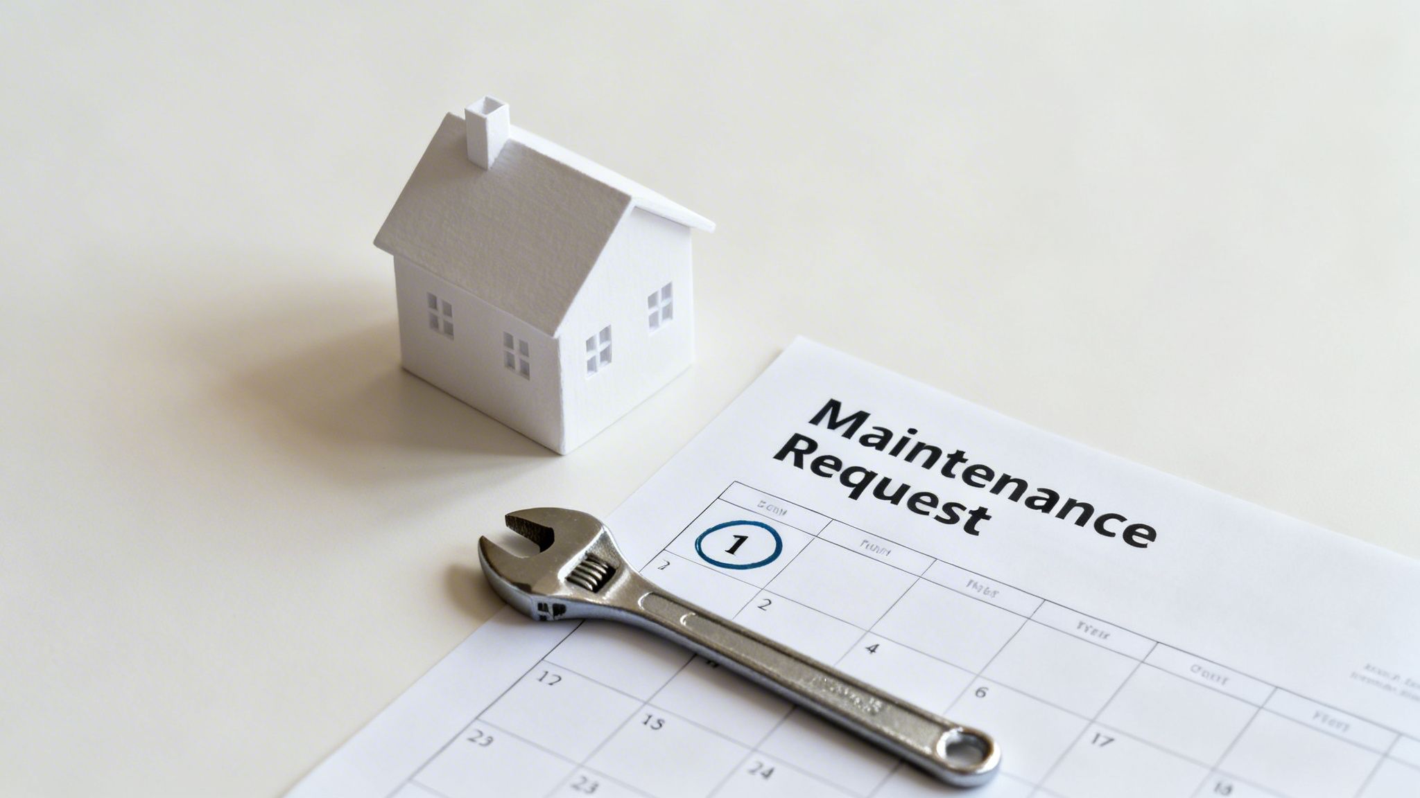 A miniature house, a wrench, and a 'Maintenance Request' form on a calendar.