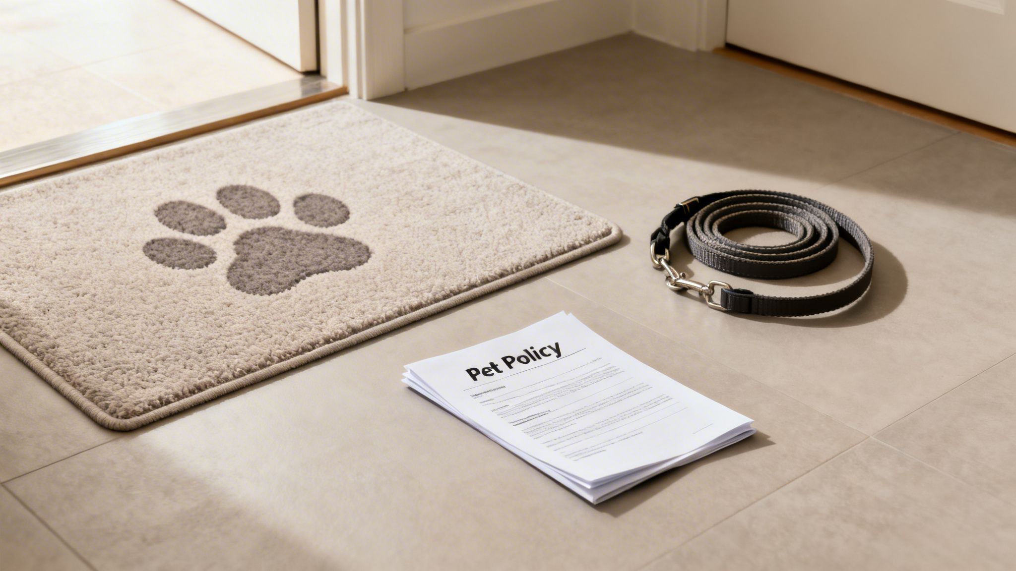 A stack of 'Pet Policy' papers next to a rolled leash and a paw print doormat.