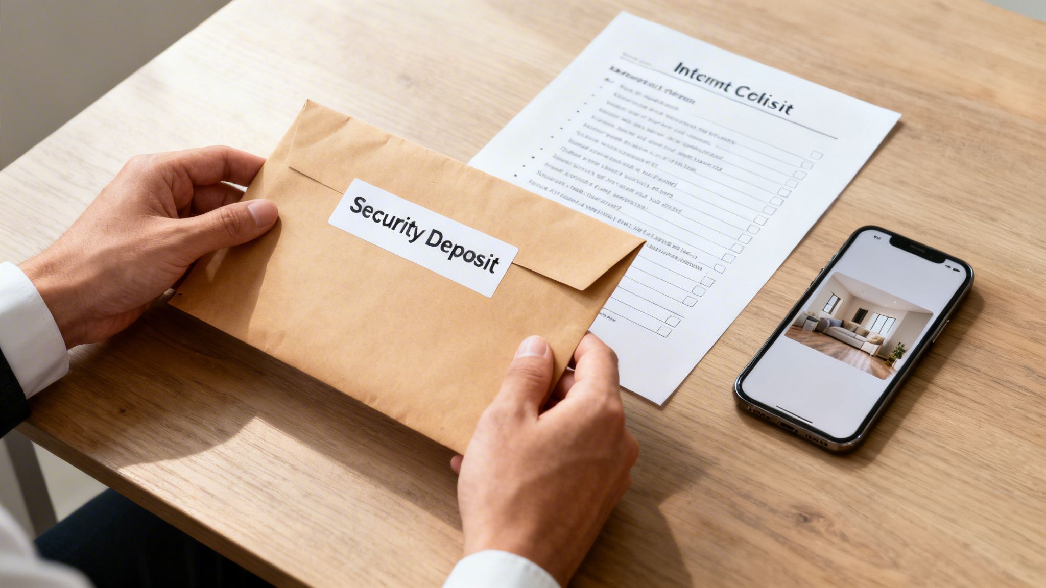 A person holds a "Security Deposit" envelope, with a lease checklist and a phone displaying a living room.