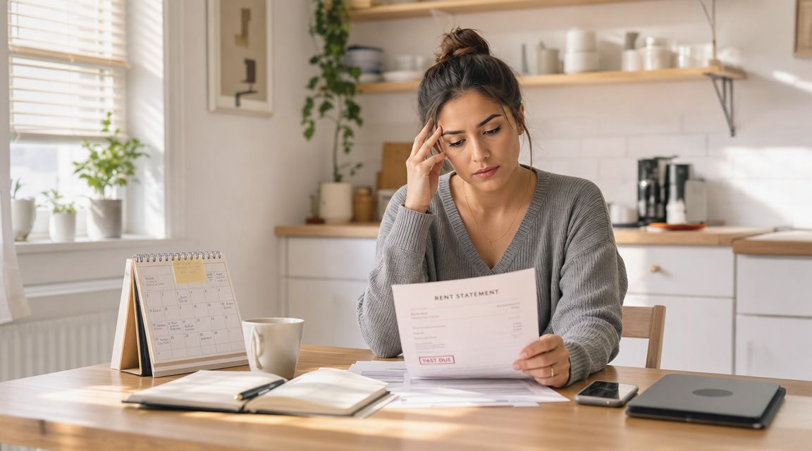 A woman looks stressed while reviewing a past due rent statement at a table in her kitchen.