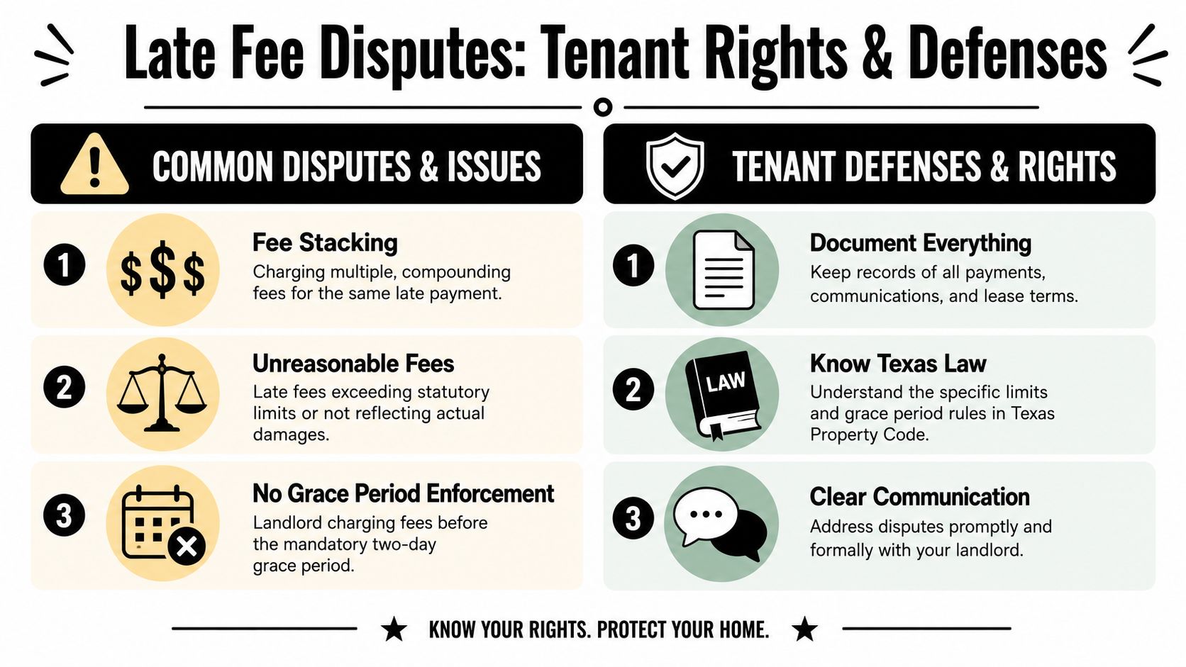 An infographic detailing common tenant late fee disputes and their corresponding legal rights in Texas.