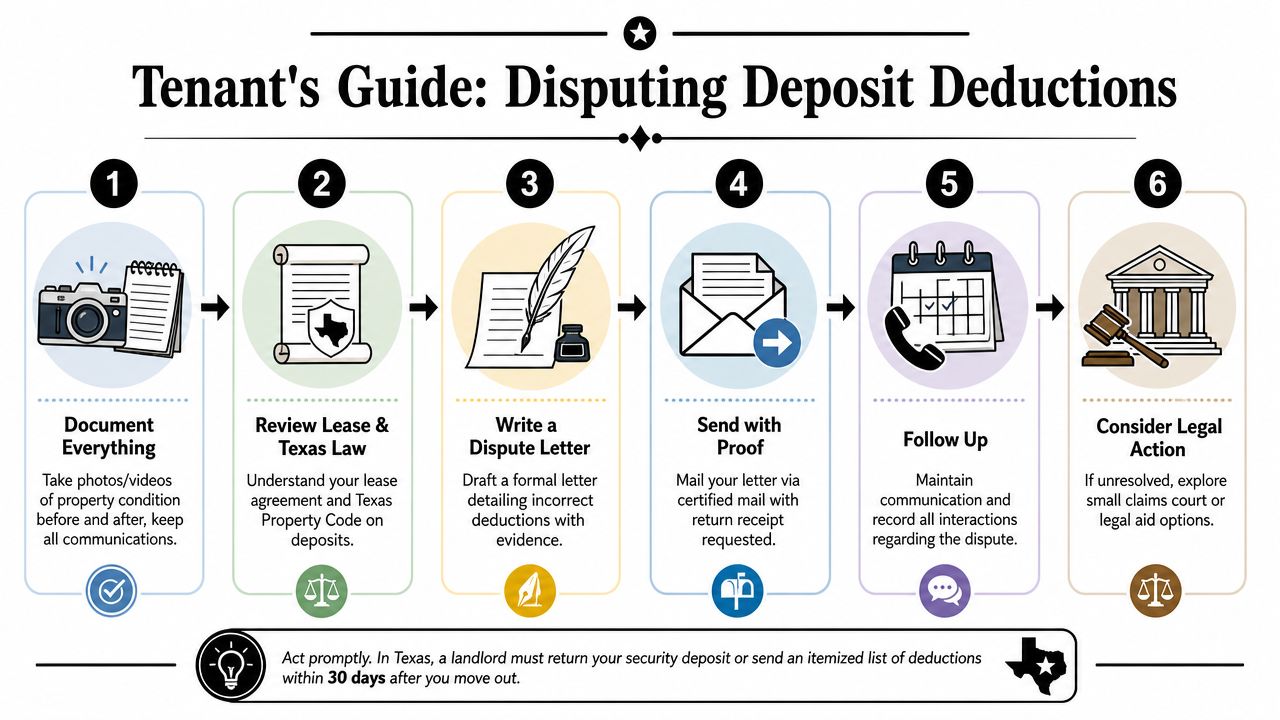 A six-step infographic guide for Texas tenants on how to dispute unfair security deposit deductions.