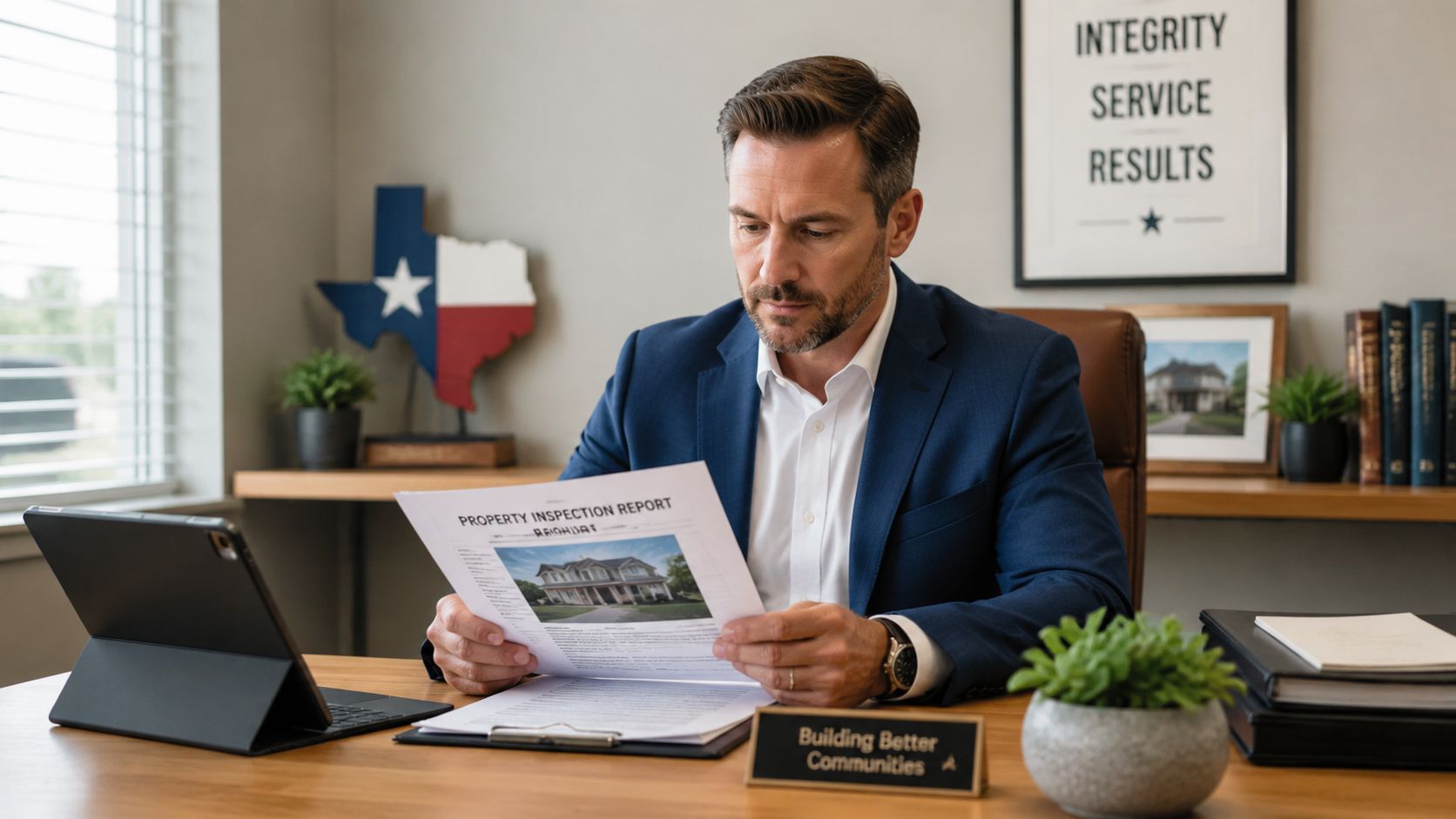 A professional man in a business suit reviewing a property inspection report document at his desk.