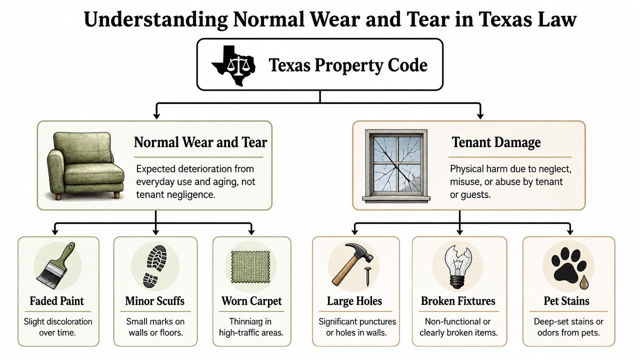 A flowchart explaining the difference between normal wear and tear versus tenant damage under Texas Property Code.