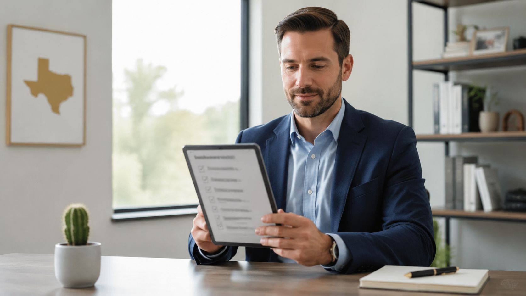A professional man in a business suit reviewing a checklist on a digital tablet at his desk.
