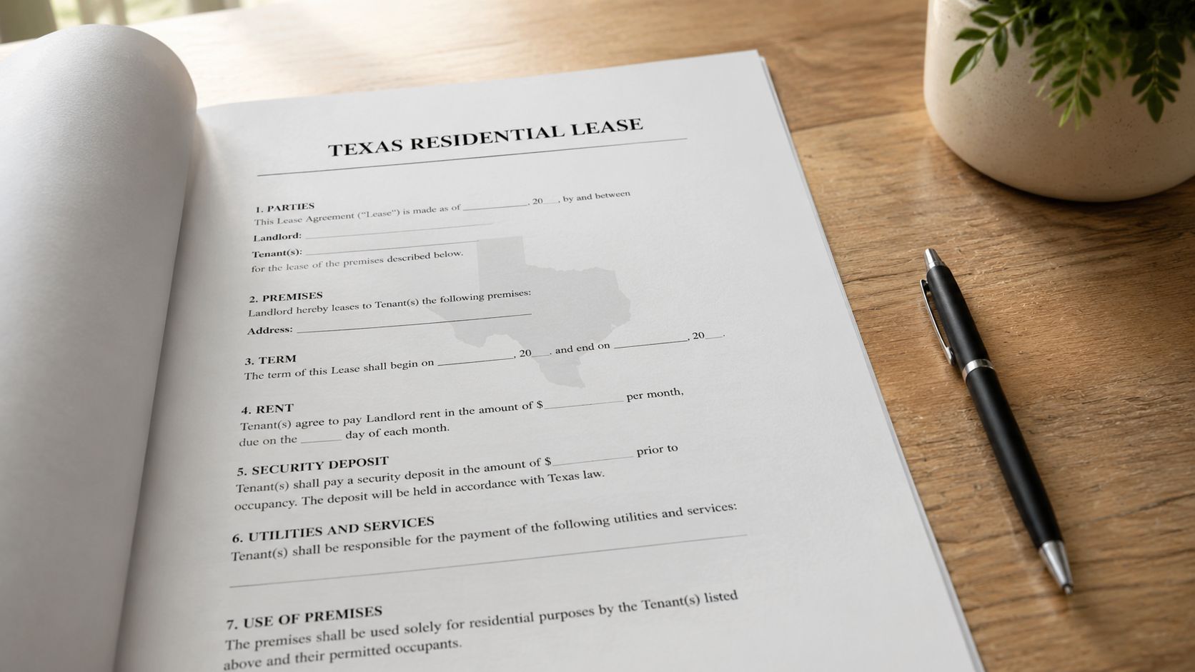 A blank Texas Residential Lease Agreement document resting on a wooden desk with a black pen.