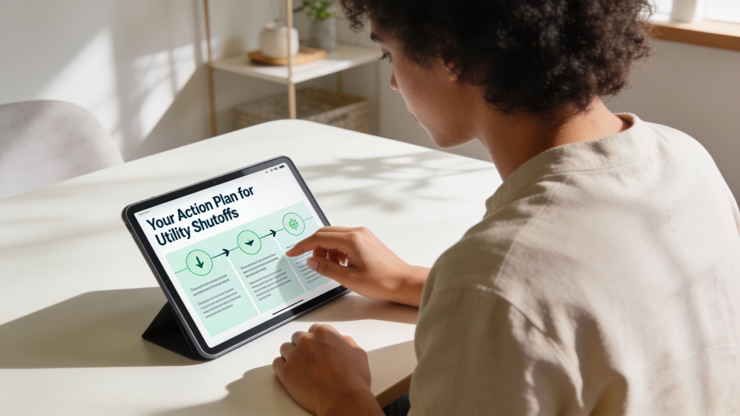 A young person interacts with a digital action plan for utility shutoffs displayed on a tablet screen.