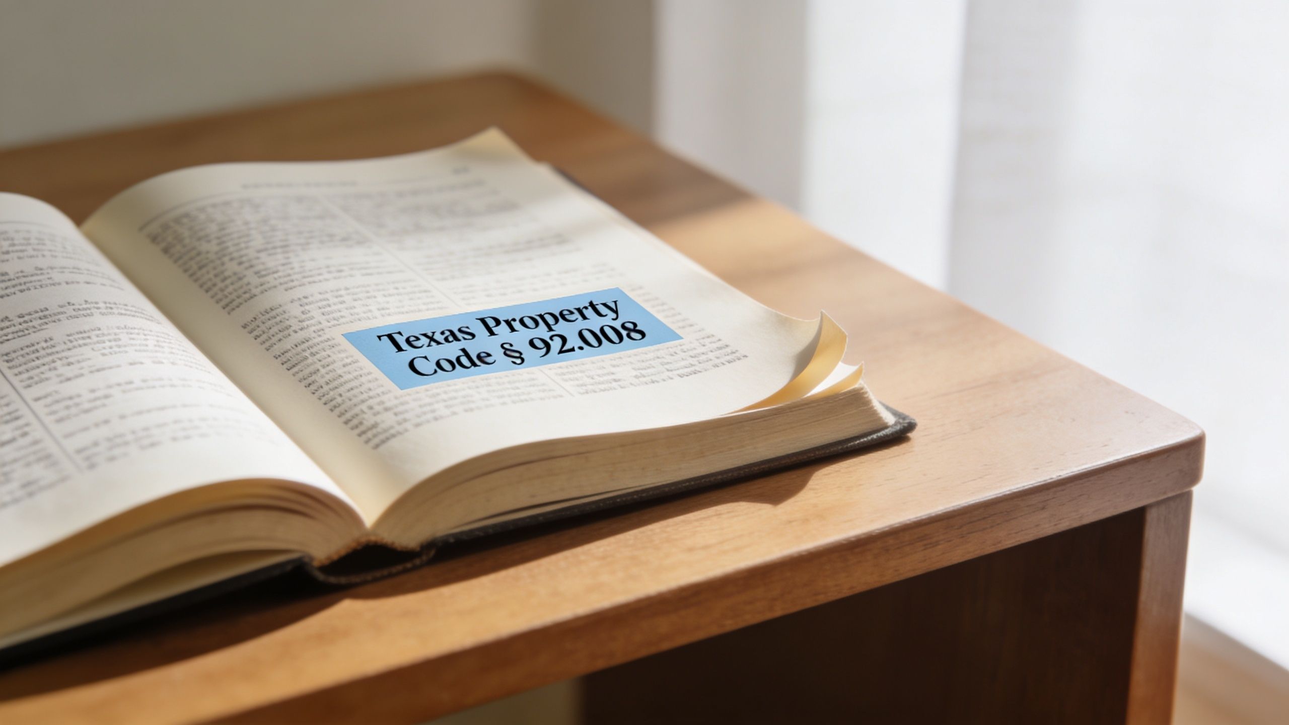 An open book on a wooden desk with a sticky note labeled Texas Property Code 92.008.