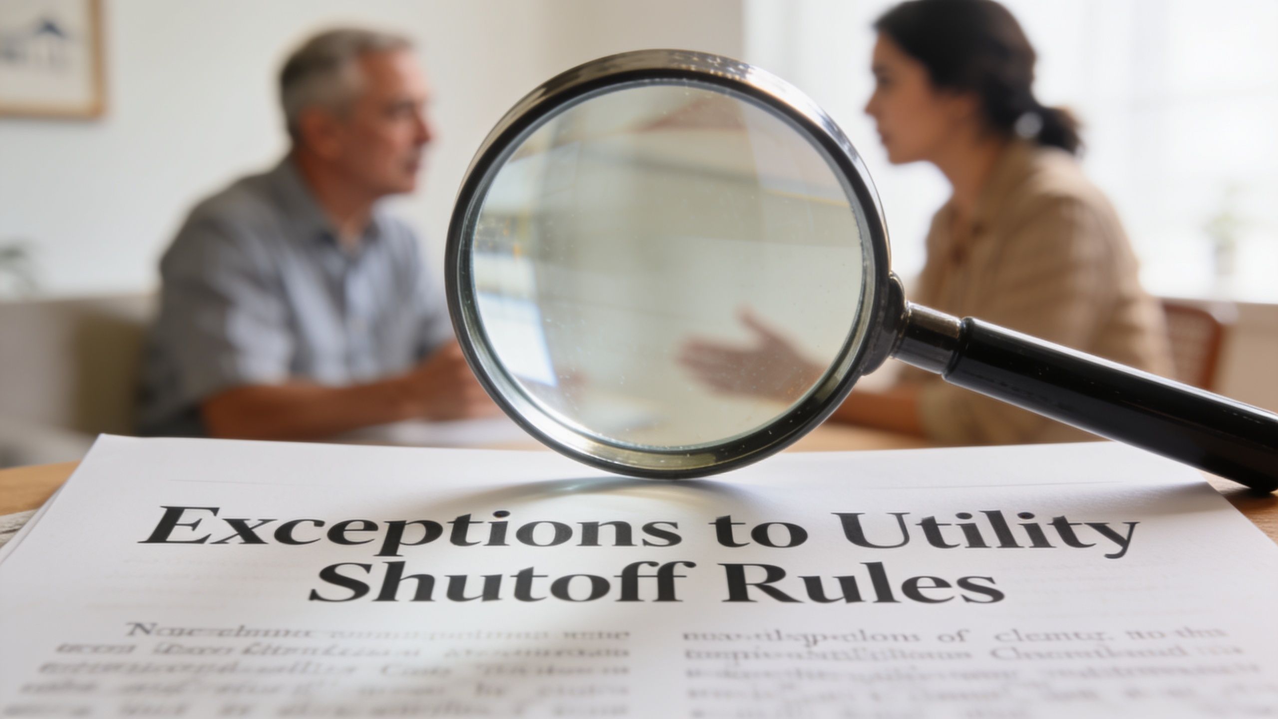 A magnifying glass held over a document titled Exceptions to Utility Shutoff Rules with people in background.