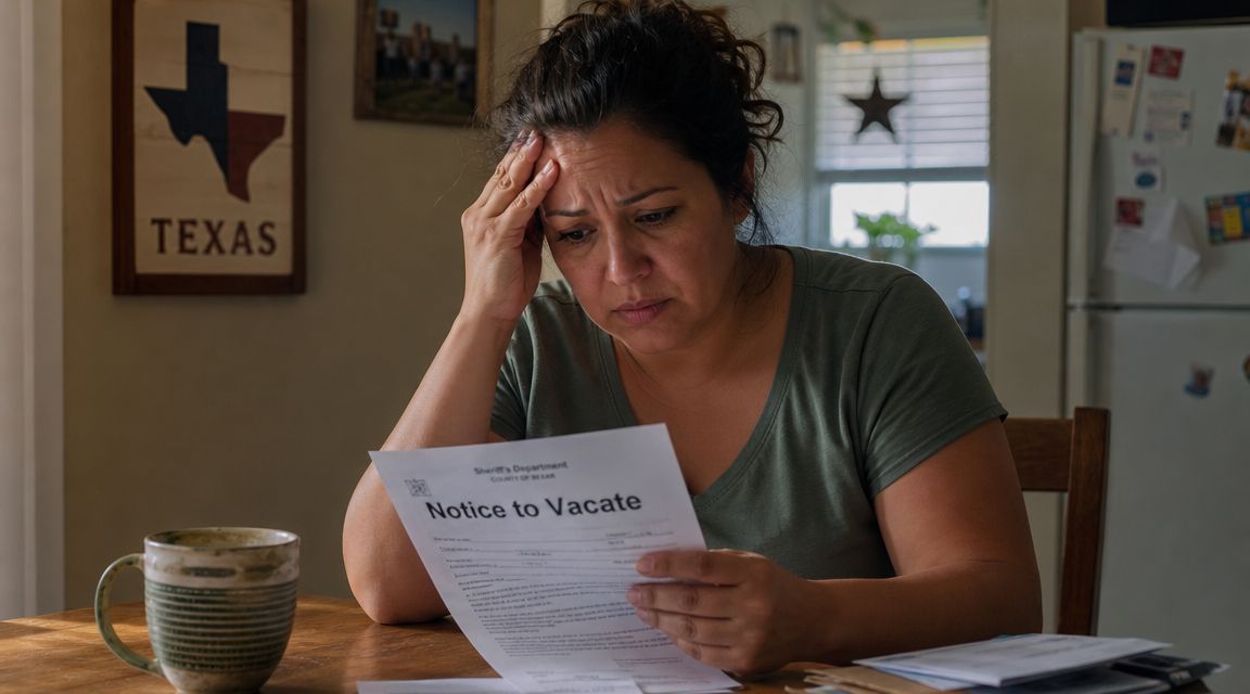 A distressed woman holding a Notice to Vacate form while sitting at a kitchen table.