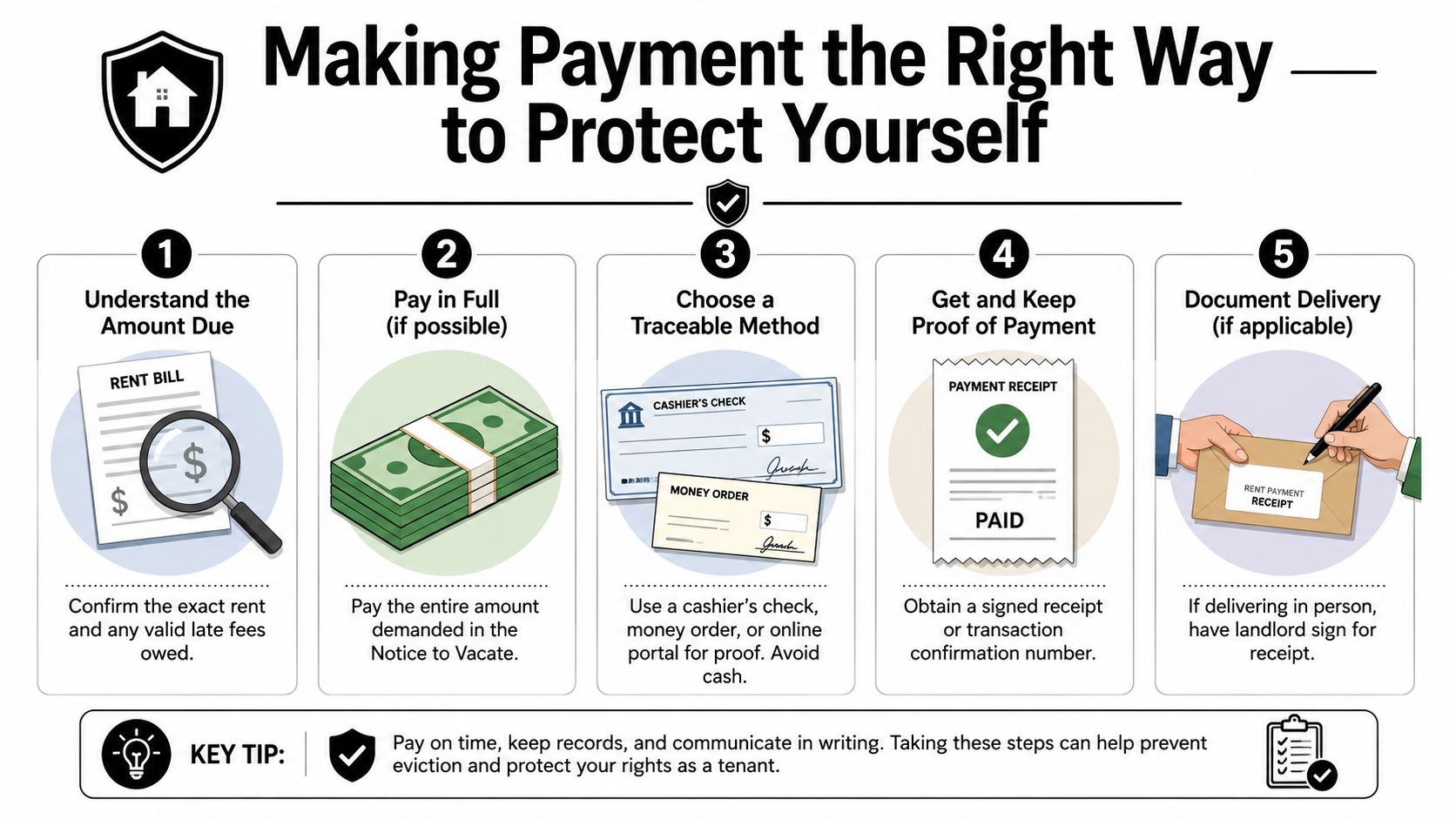 An infographic titled Making Payment the Right Way showing five steps for tenants to pay rent safely.