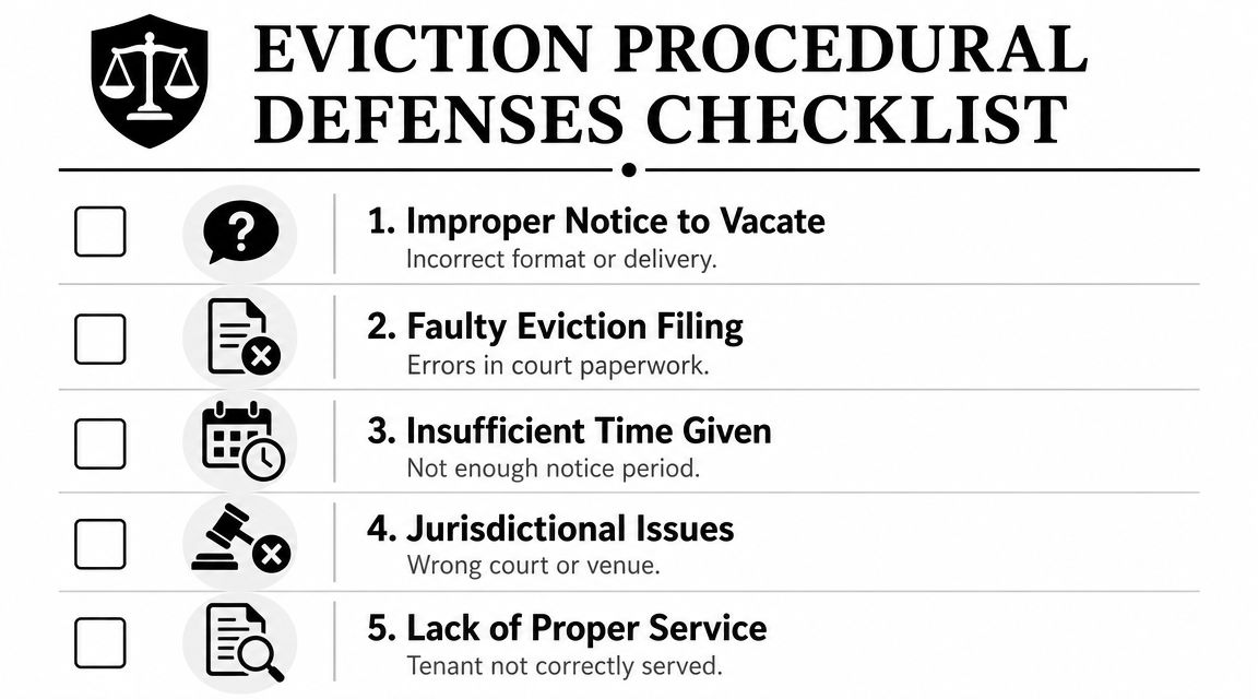 A checklist infographic outlining five common procedural defenses available to tenants facing a potential eviction case.