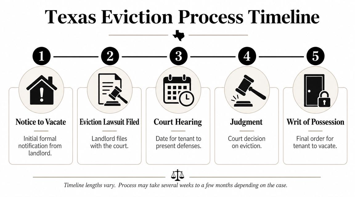 A diagram outlining the five steps of the Texas eviction process timeline from notice to final writ.
