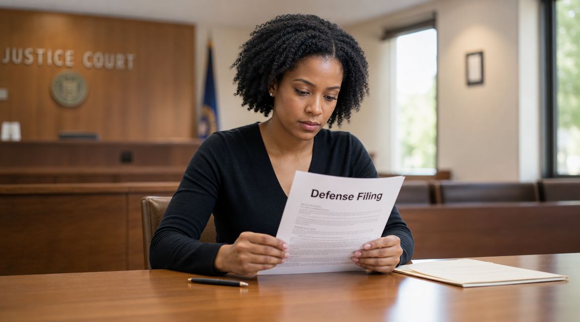 A focused woman reviewing a document labeled Defense Filing inside a courtroom setting