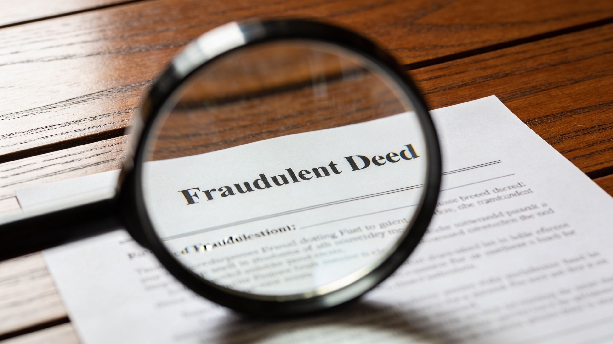 A magnifying glass positioned over a document labeled Fraudulent Deed on a wooden surface.