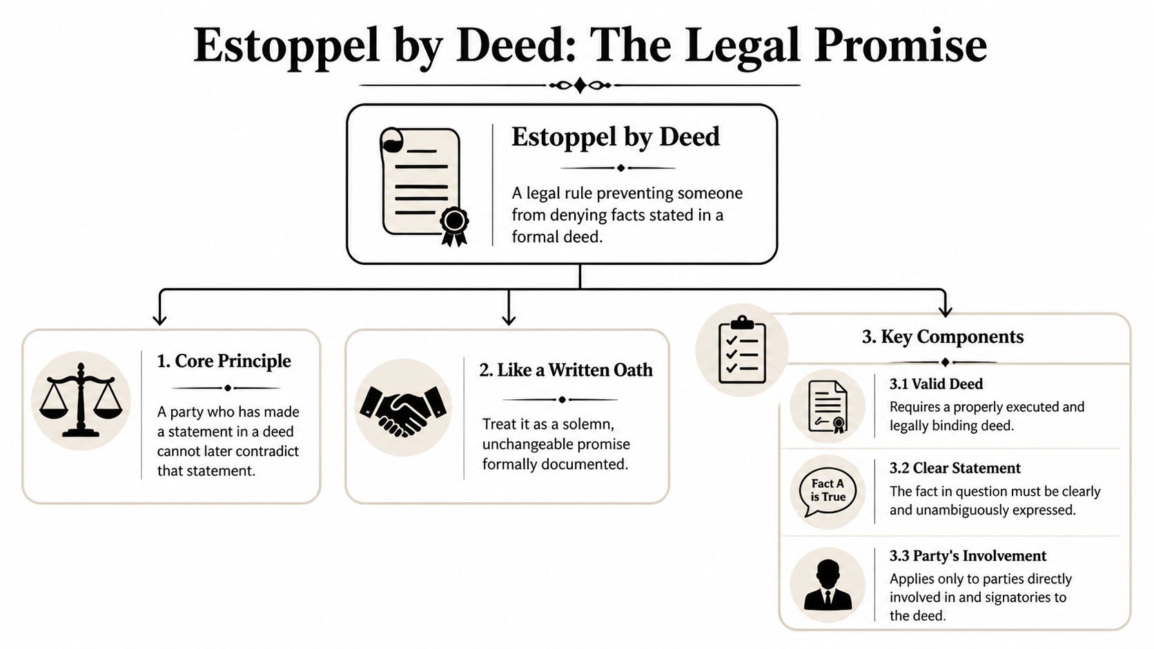 An infographic titled Estoppel by Deed explaining the legal rule preventing parties from denying facts in a deed.