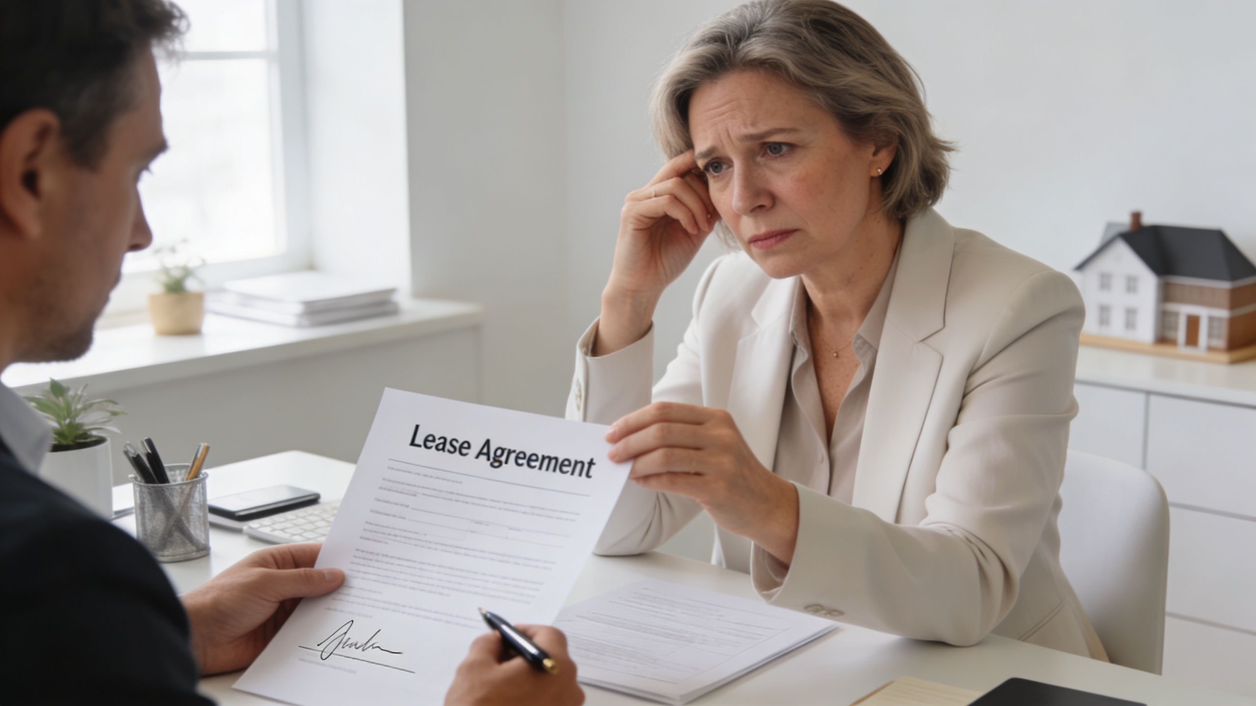 A concerned woman discusses a lease agreement document with a business professional in a modern office setting.