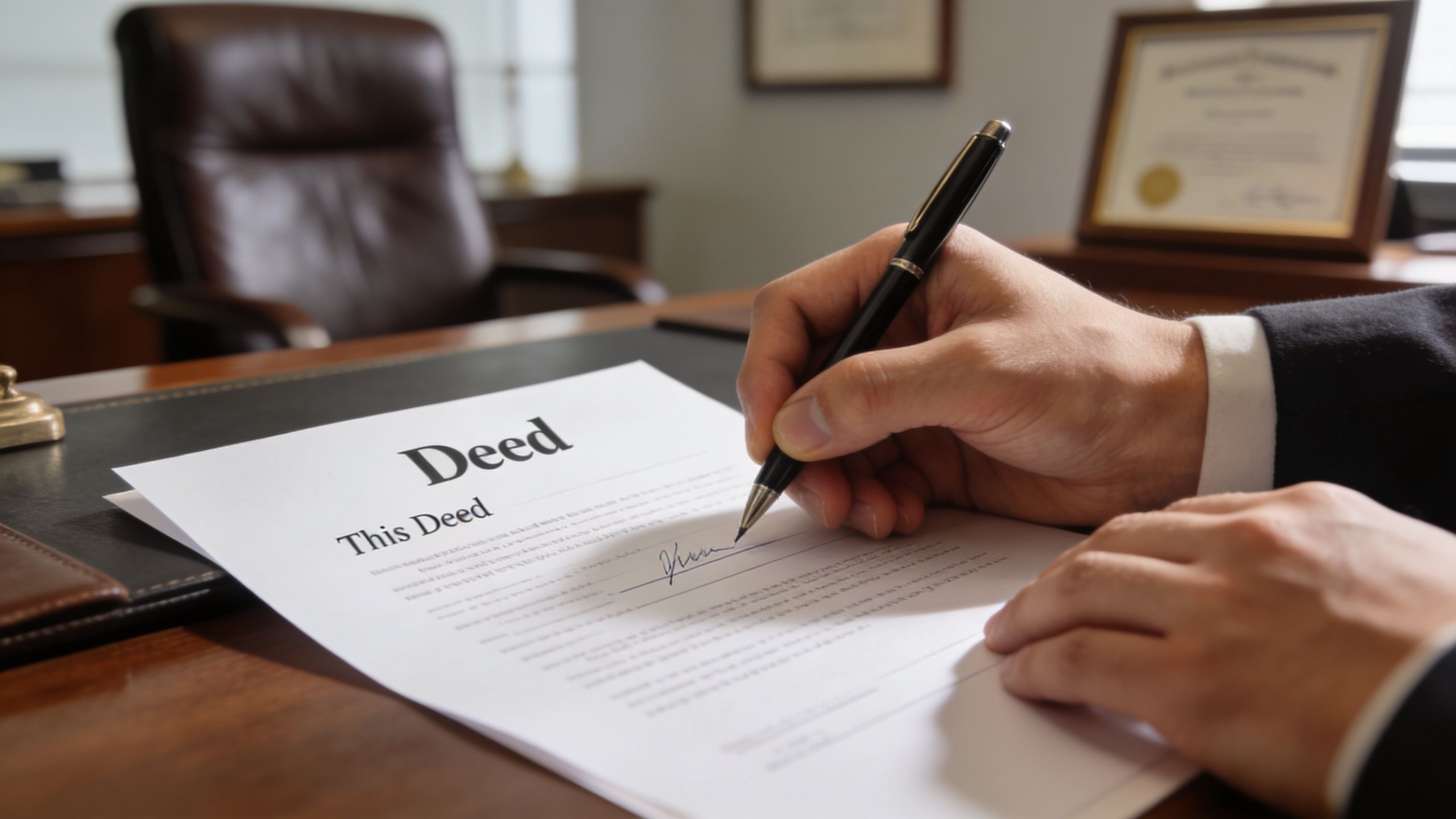 A professional in a suit signing a legal deed document on a desk in an office.